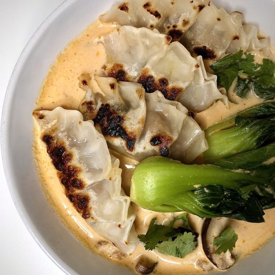 Vegan dumplings in red curry broth