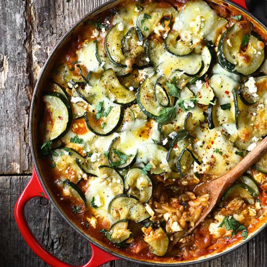 Zucchini and Eggplant Orzo Bake