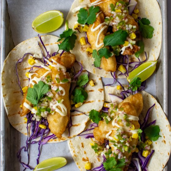 Crispy Fish Tacos, Jalapeno Salsa