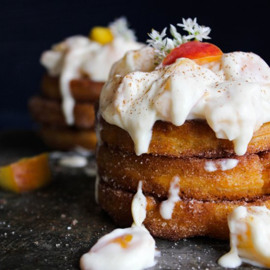 Churro Waffles w/ Peaches & Cream