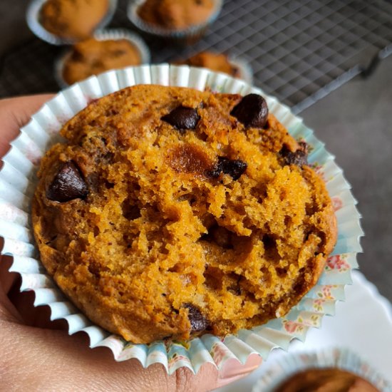 Vegan chocolate chip pumpkin muffin