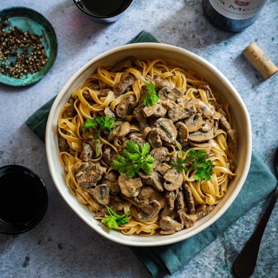 Ostrich and Mushroom Stroganoff