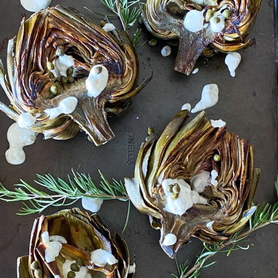 ROASTED ARTICHOKES + LEMON CAPER AIOLI