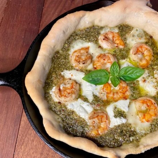 Cast Iron Shrimp Pizza with Pesto