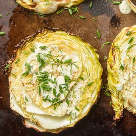 Tahini Dill Cabbage Steaks