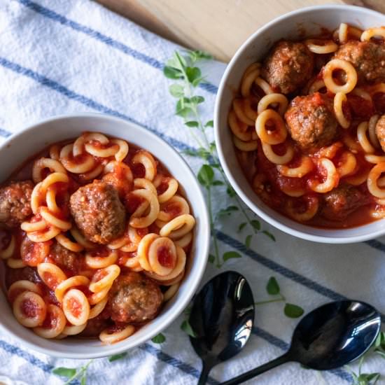 Vegan SpaghettiO’s with Meatballs