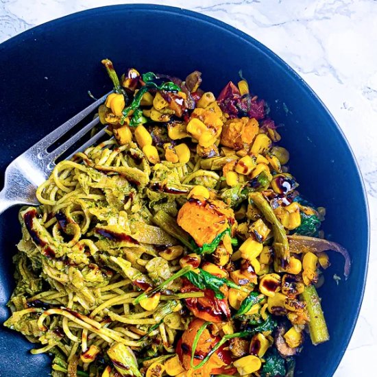 Roasted Fall Veggie Pesto Pasta