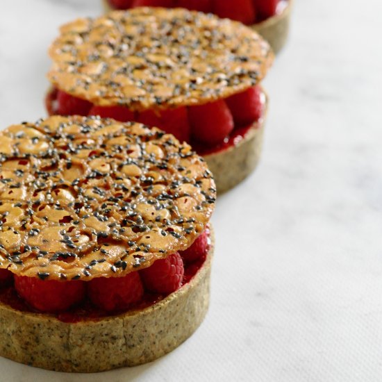 black sesame raspberry tarts