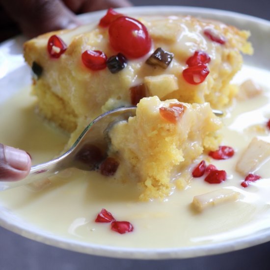 Eggless Fruit Custard Cake