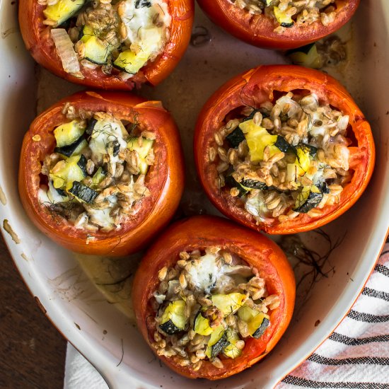 Farro and Gorgonzola Baked Tomatoes