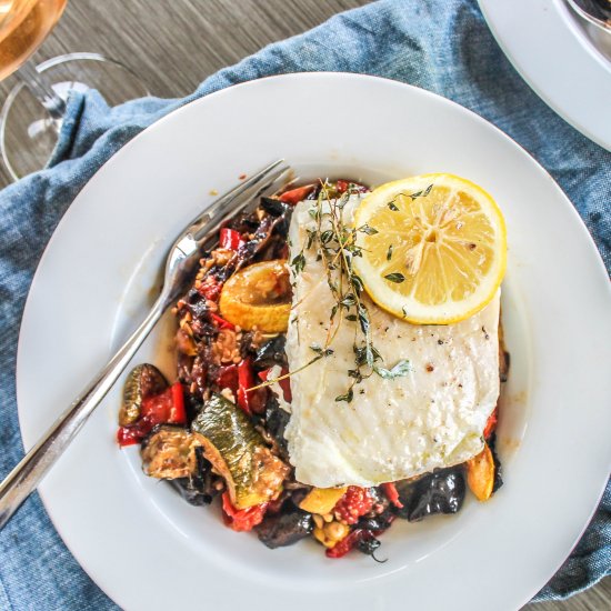 Sheet Pan Ratatouille with Halibut