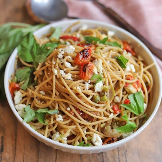 Mediterranean pasta with tomatoes