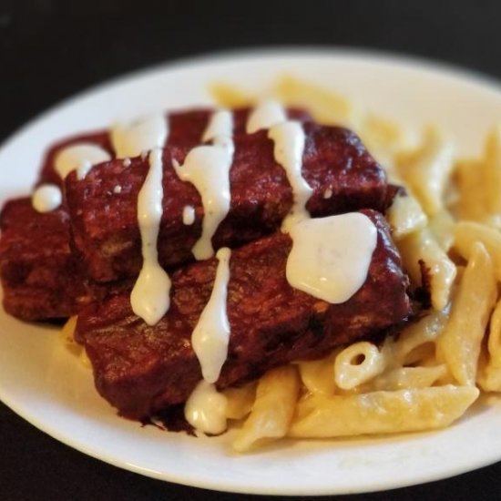 BBQ Tofu with Vegan Mac & Cheese