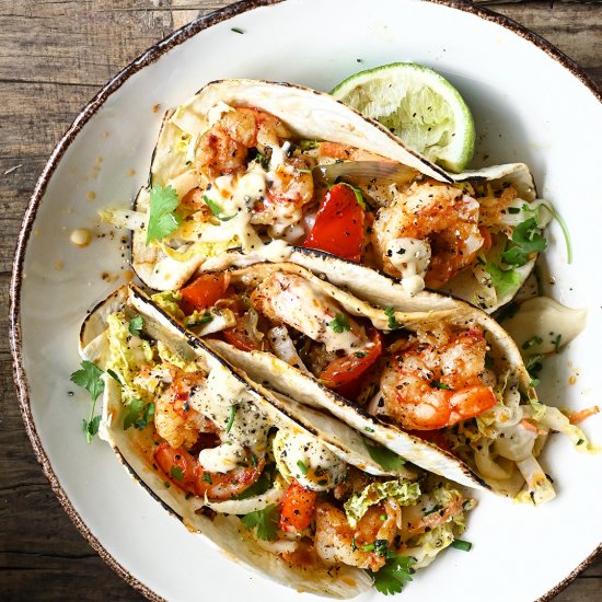 Spicy shrimp tacos with miso aioli