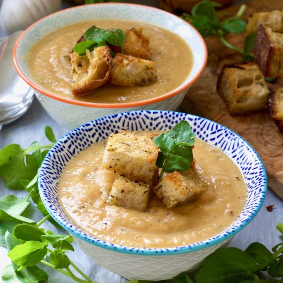 Roasted Celeriac Sweet Potato Soup