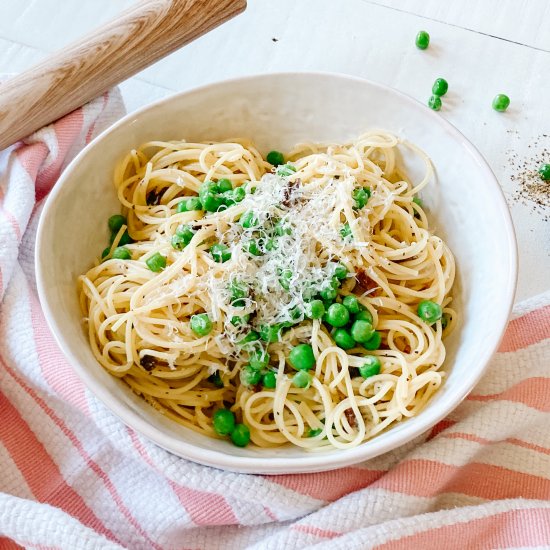 Cacio e Pepe with Peas + Pancetta