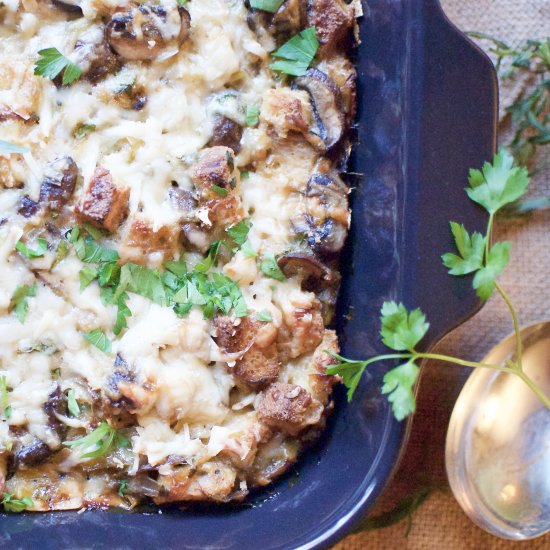 gf mushroom & leek bread pudding