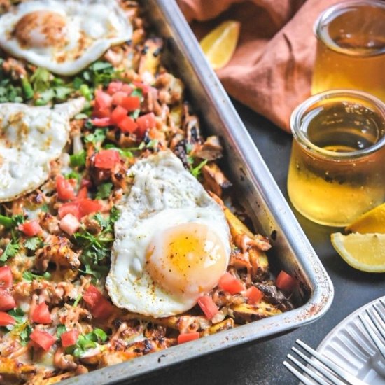 Loaded Cheesy Fries with Fried Eggs