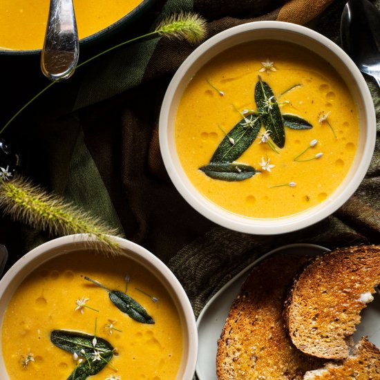 Cheesy Squash Soup with Crispy Sage