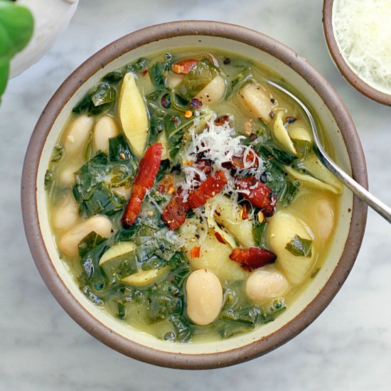 Pasta with Bacon, Greens and Beans