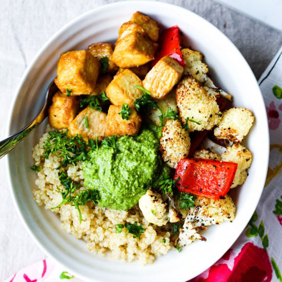 Roasted Veggie Tofu Pesto Bowls