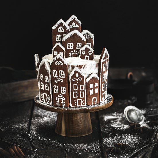 Gingerbread village layer cake