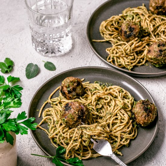 Pesto Pasta + Vegan Meatballs