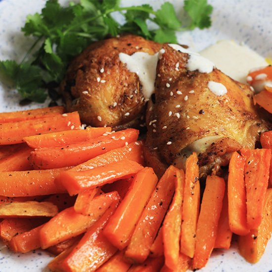 ROASTED CHICKEN THIGHS AND CARROTS