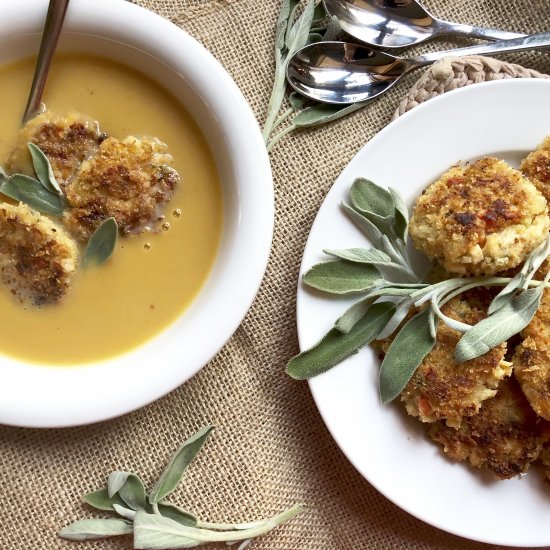 squash soup with chicken croquettes