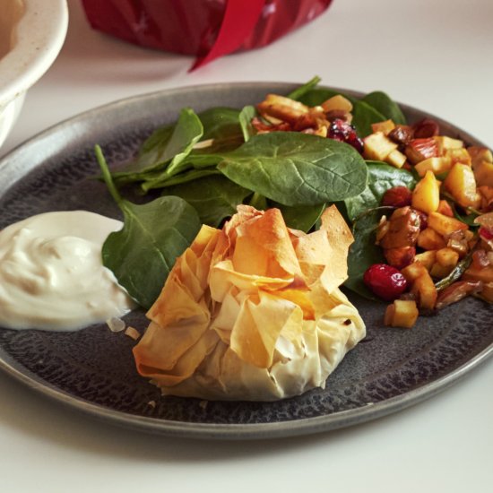 Vegan mushroom filo parcels