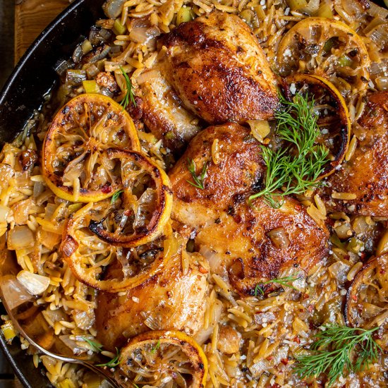 One skillet chicken with orzo