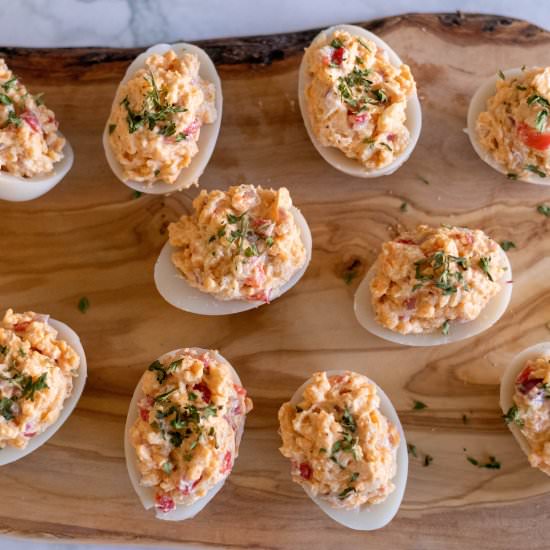 Vegan Pimento Cheese Deviled Eggs