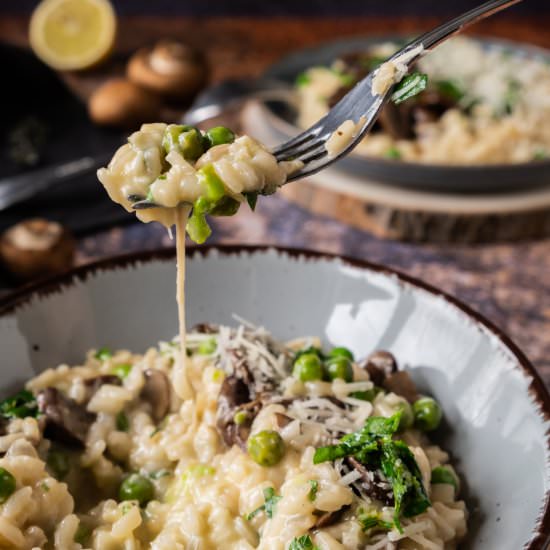 Mushroom and Pea Lamb Broth Risotto