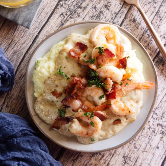 Shrimp + Grits with Bacon Gravy