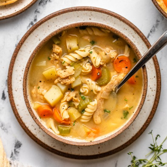 One Pot Vegan “Chicken” Noodle Soup