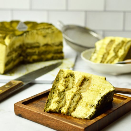 Eggless Matcha Tiramisu Cake