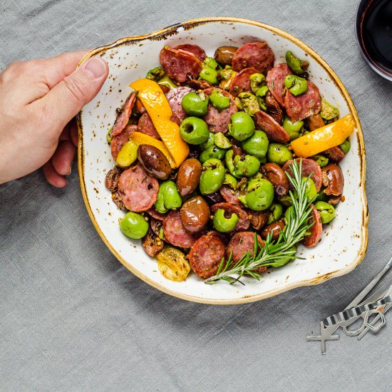 Warm Marinated Olives and Salami