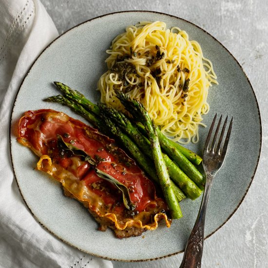 Veal Saltimbocca, Asparagus & Pasta