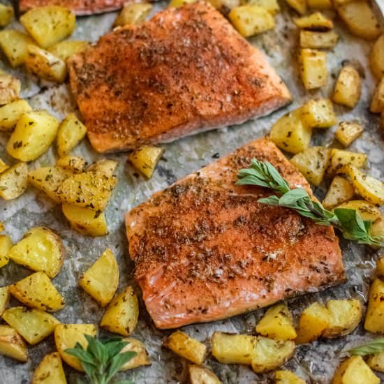 Sheet Pan Greek Salmon and Potatoes