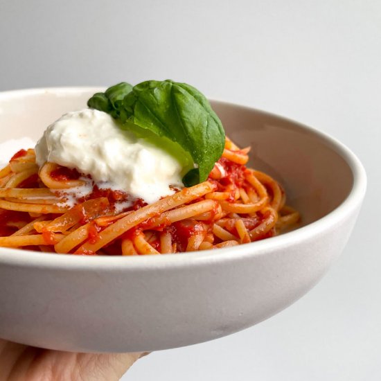 Pasta tomato and stracciatella