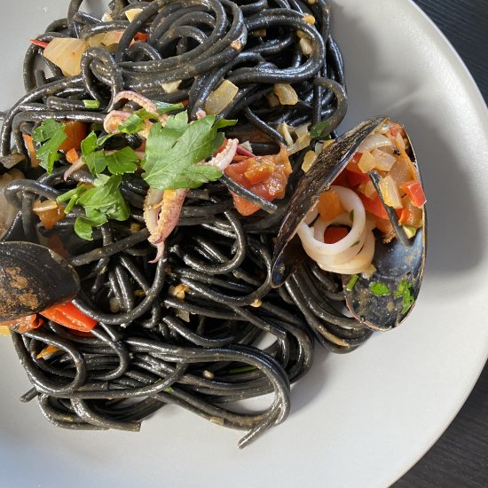 Squid ink seafood pasta