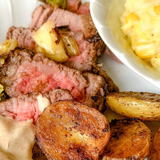 Cajun Steak & Grilled Patatas Brava