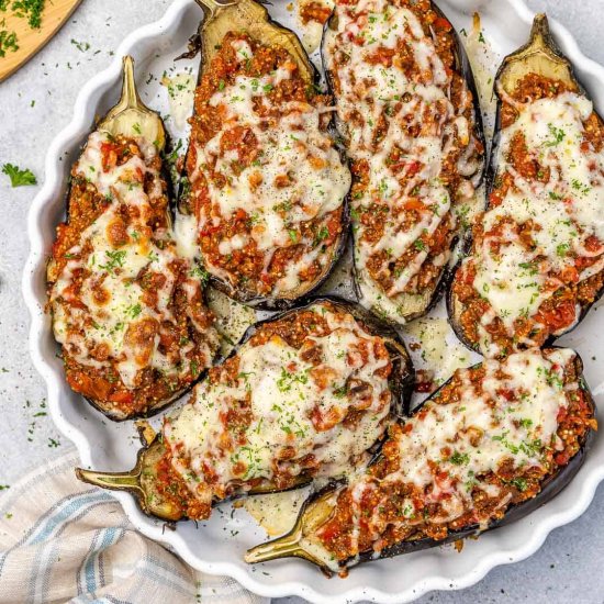 BEEF AND QUINOA STUFFED EGGPLANT