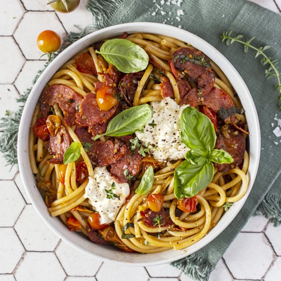 Salami Pasta with Cherry Tomatoes