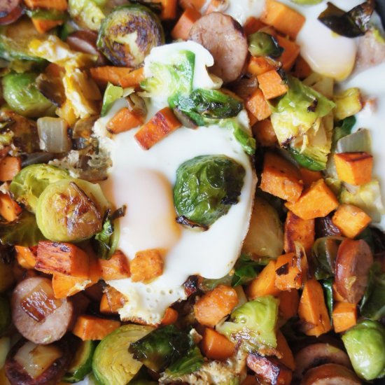 Sausage, Sweet Potato & Sprout Hash