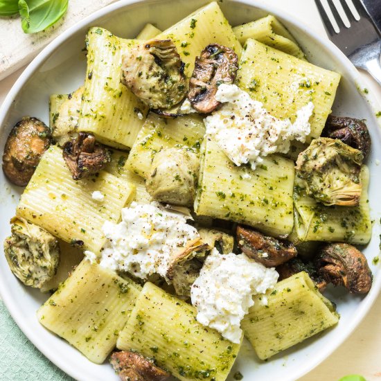 Pasta Artichokes, Pesto, Burrata