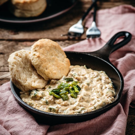 Biscuits and Roasted Poblano Gravy