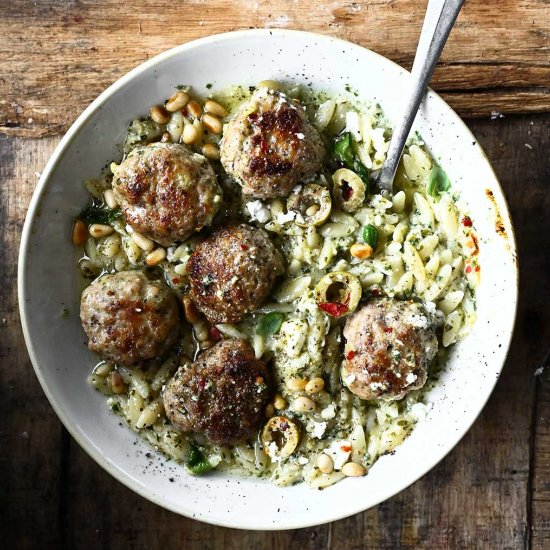 Meatballs with Orzo and Feta Pesto