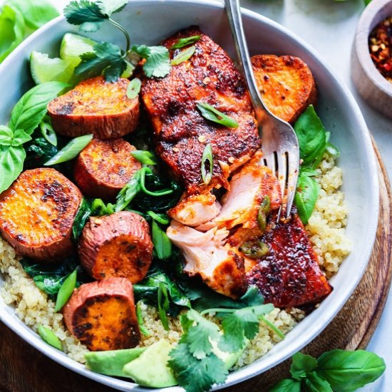 jerk salmon quinoa bowls