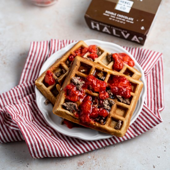 Tahini Waffles w Strawberry Compote